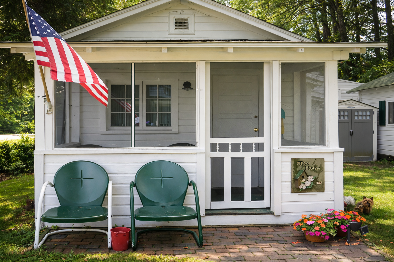 White cottage with screened porch, green chairs, and bright flowers by the entry.